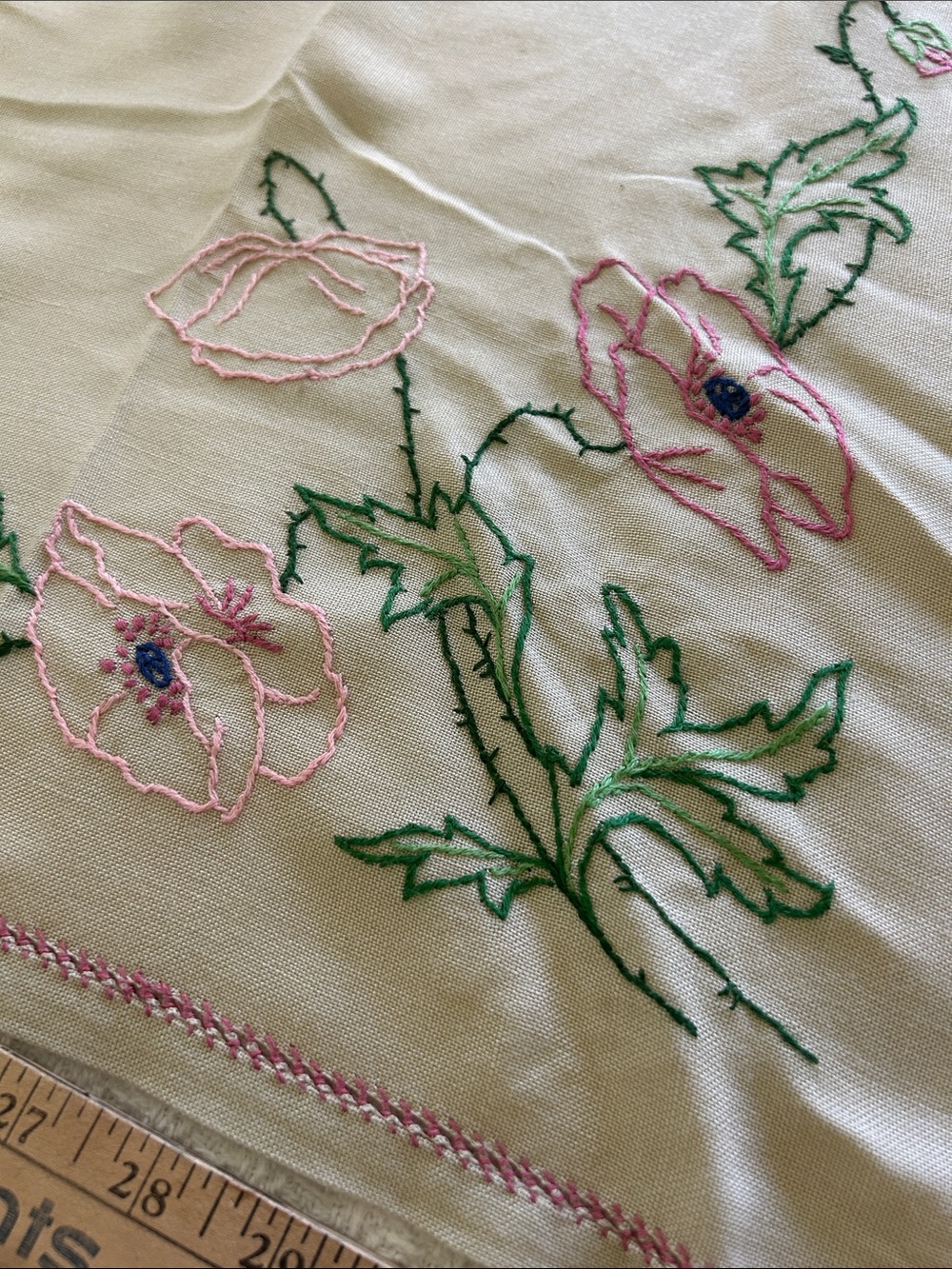 Vintage Hand-Embroidered Tablecloth Floral in Pink & Green 33x33